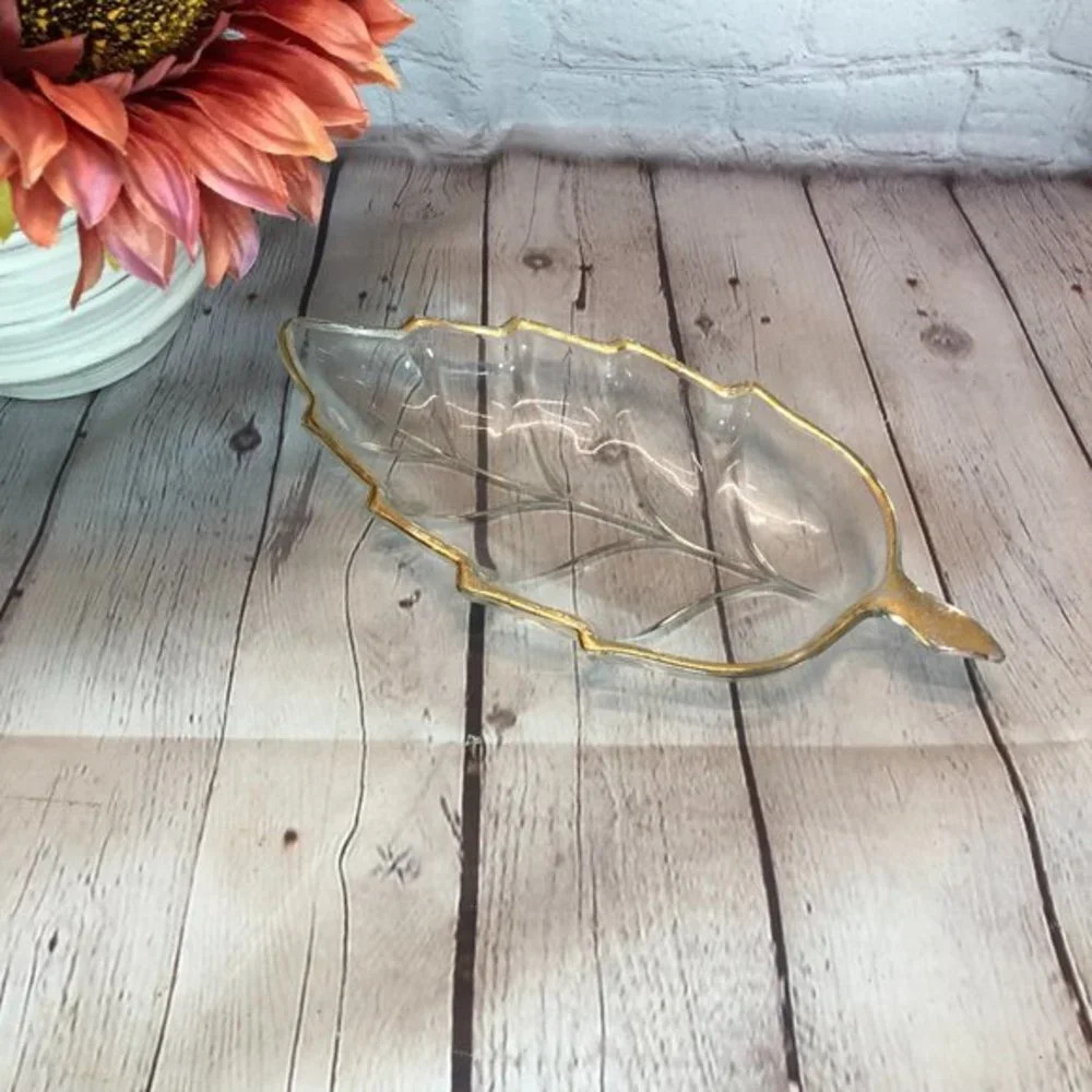vintage glass relish dish gold edged leaf